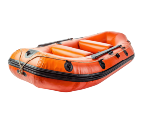 Bright orange inflatable raft for river fun and recreation on a transparent background, cut out