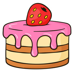 Cake with Pink Icing and Strawberry. Cartoon Style illustration