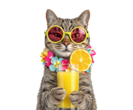Cat wearing sunglasses enjoying tropical drink at summer party on a transparent background, cut out