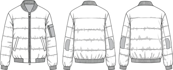 CAD drawing flat vector illustration of puffer jacket, front and back views, zipper closure, ribbed cuff detail, stylish outerwear sketch, fashion garment template, apparel layout