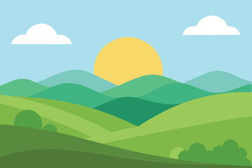 Fototapeta premium a scenic landscape with rolling green hills, a bright sun setting behind the mountains, and fluffy clouds in the sky, creating a peaceful and idyllic scene
