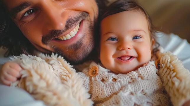 Happy father holding smiling baby in warm family moment, showing love, care, and joy of parenthood.