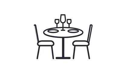 A simple line drawing depicts a round table with two chairs and tableware, perfect for restaurant or cafe imagery.