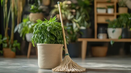 Biodegradable bamboo mop and recycled plastic bucket, sustainable home background with plants and natural decor, eco-friendly cleaning setup, with copy space