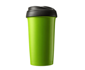 Bright green travel mug for beverages on the go on a transparent background, cut out