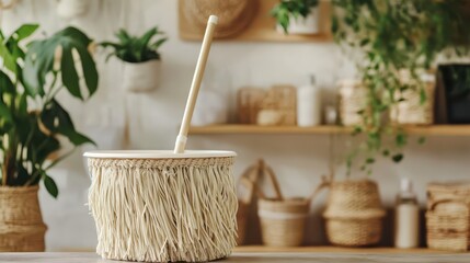 Biodegradable bamboo mop and recycled plastic bucket on sustainable home background with plants and natural decor, eco-friendly cleaning concept with copy space