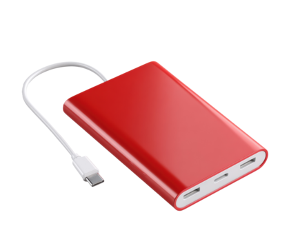 Portable power bank with multiple charging ports for devices on a transparent background, cut out