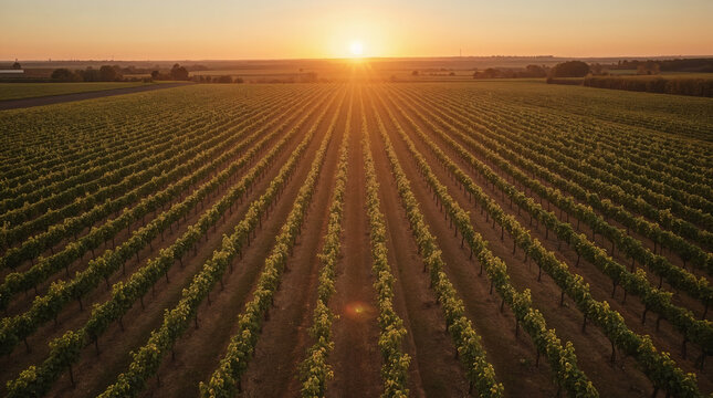 Aerial View of Vineyard Rows at Sunset - Powered by Adobe