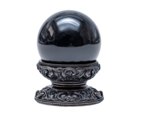 Black crystal ball on ornate stand for divination and decor on a transparent background, cut out
