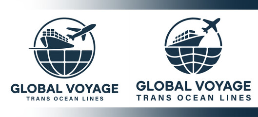 Modern vector logo of Global Voyage Trans Ocean Lines with airplane, ship and globe, symbolizing international trade, travel and worldwide logistics