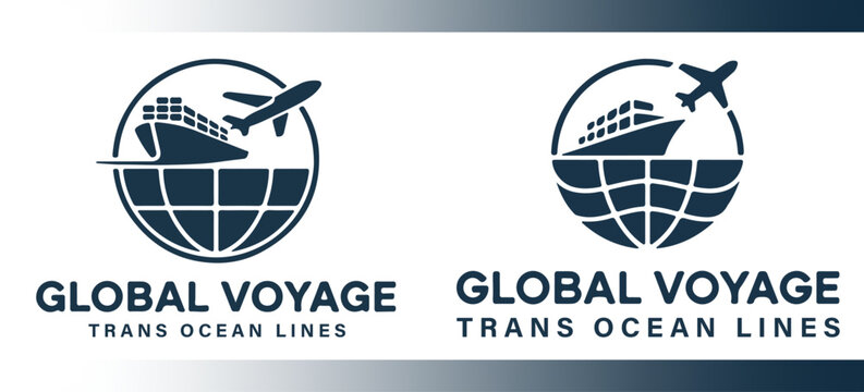 Modern vector logo of Global Voyage Trans Ocean Lines with airplane, ship and globe, symbolizing international trade, travel and worldwide logistics