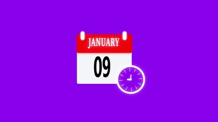 09 JANUARY month calendar icon with symbol. Simple calendar icon animation and date change of time month. Calendar icon Sign on black background and white and red color screen. Calendar Pendulum Anima