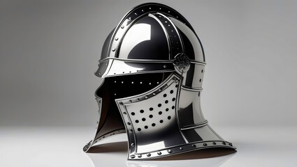 Polished Chrome Medieval Knight's Helmet on a Minimalist Gray Background


