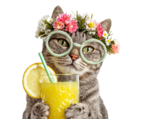 Cute cat with glasses and flower crown enjoying summer drink on a transparent background, cut out