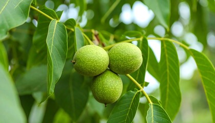 Green walnuts on a branch