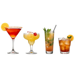 Fototapeta premium image showcases four distinct cocktails, each with its own unique style and presentation, showcasing a variety of cocktail presentations.