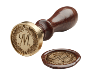 Elegant wax seal stamp with monogrammed design and wax disc on a transparent background, cut out