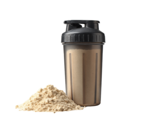 Protein shake container with powder for fitness and health on a transparent background, cut out