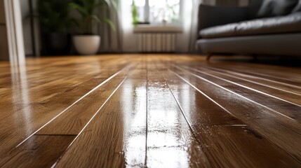 Close-up of freshly polished wooden floor gleaming under soft natural light with reflections of nearby furniture in clean minimalistic setting