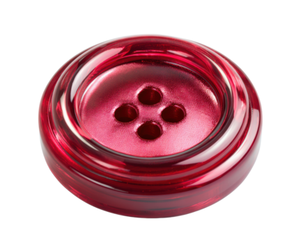 Bright red round button with five holes for sewing projects on a transparent background, cut out
