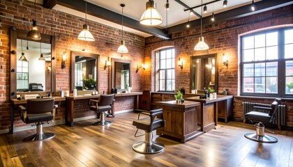 A stylish and inviting barbershop interior boasts warm wood tones, brick walls, and large windows, exuding a cozy and professional atmosphere.