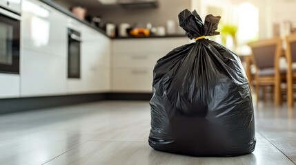 Close-up of large black trash bag being tied with kitchen waste inside, placed on clean kitchen floor in bright natural lighting