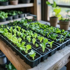Neat seedling tray with rows of vegetable seedlings like lettuce and cucumbers, ready for transplanting into garden bed, placed on garden workbench, organized gardening preparation concept with copy s