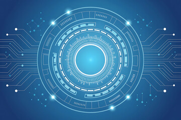 Futuristic HUD-style digital interface with glowing concentric rings, circuit lines, and tech indicators. Ideal for AI, cybersecurity, virtual reality, and data visualization themes.