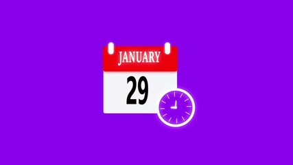 29 JANUARY month calendar icon with symbol. Simple calendar icon animation and date change of time month. Calendar icon Sign on black background and white and red color screen. Calendar Pendulum Anima
