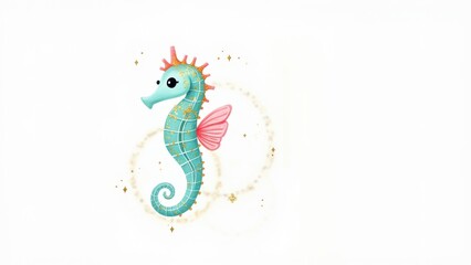 Cute cartoon seahorse with wings and golden glitter isolated on a white background, concept for children's projects or art