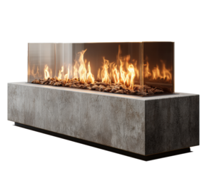 Modern gas fireplace design with clear glass enclosure for elegance on a transparent background, cut out