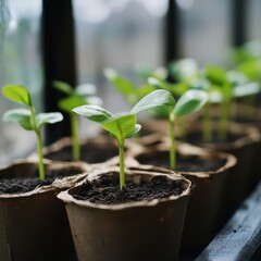 Row of healthy seedlings in biodegradable pots with small leaves reaching upward in warm greenhouse setting