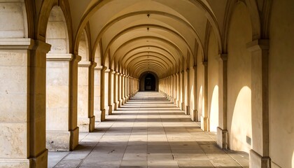 Fototapeta premium A long, light-filled colonnade with arched passageways extends into the distance.