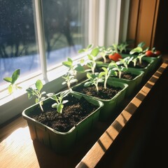 Row of small vegetable seedlings including tomatoes and peppers in seed trays with soft sunlight filtering through window