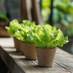 Row of young lettuce seedlings in biodegradable pots on wooden surface with blurred greenhouse background