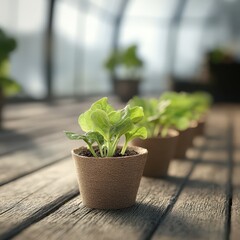 Row of young lettuce seedlings growing in small biodegradable pots on wooden surface with blurred greenhouse background