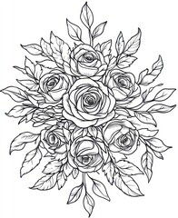 Coloring page of intricate floral mandala with delicate leaves and blooming roses, elegant symmetrical design, detailed line art with rich black lines, relaxing sophisticated artwork with copy space