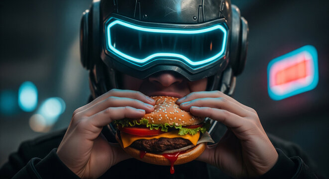 Person wearing futuristic VR headset taking a bite out of a delicious juicy burger