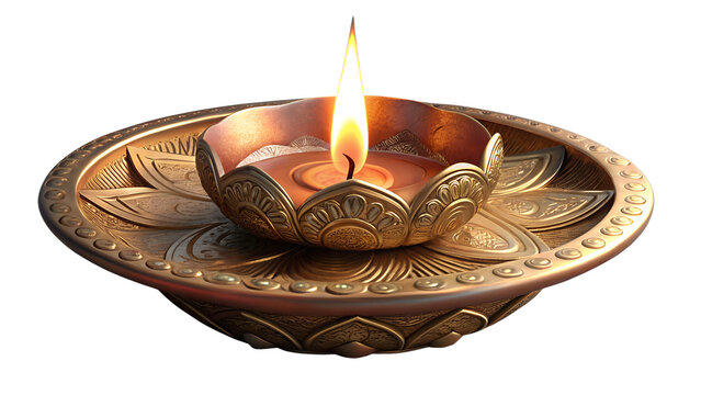 Photo of traditional ornate brass diya with a glowing flame, isolated on transparent background