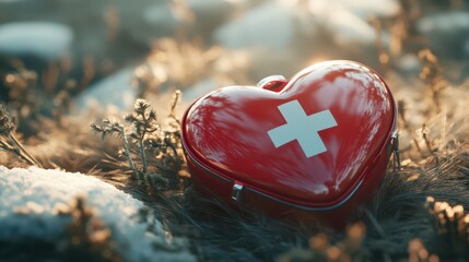 Creative stock concept of first aid kit shaped like heart, symbolizing care and emergency preparedness with soft warm lighting