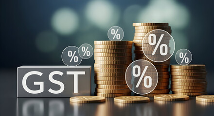 Stacks of gold coins with percent symbols above and white block labeled “GST” — tax rate increase concept, percentages, financial burden and revenue illustration