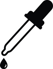 Flat vector illustration of a black dropper icon with a falling drop, representing medicine, science, essential oils, and liquid dispensing