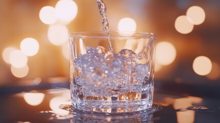 Creative stock concept of glass of water being poured, crystal-clear drops falling, light reflections, soft glowing ambiance