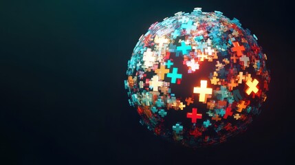 Creative stock concept of globe made of medical crosses, countries outlined and glowing, symbolizing worldwide healthcare unity