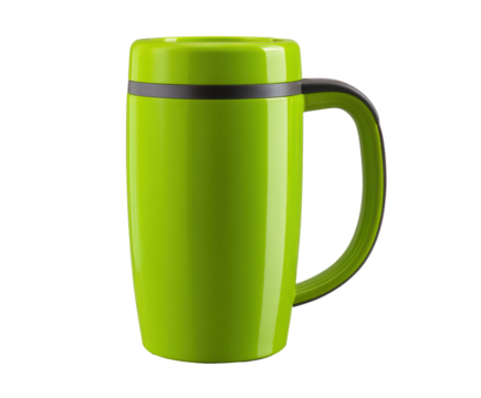 Bright green travel mug designed for hot beverages on the go on a transparent background, cut out