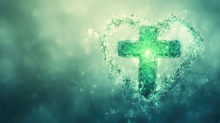 Creative stock concept of green cross symbol merging into heart shape, symbolizing care and wellness, softly glowing with serene background, healthcare and wellbeing illustration with copy space