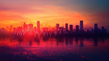 Creative stock concept of heartbeat monitor waveform blending into city skyline, symbolizing pulse of urban life, warm sunset colors