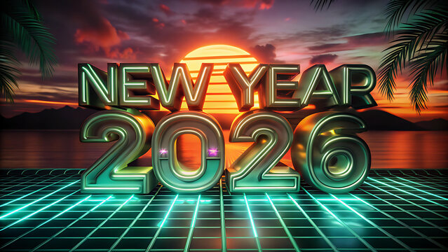 Neon 2026 New Year celebration with sunset and palm trees text