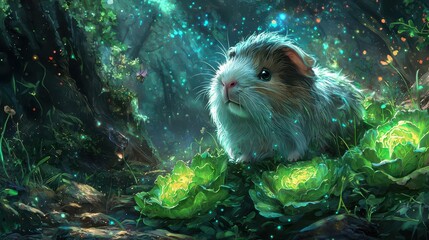 Digital painting of fantasy-style guinea pig in lush magical garden with glowing lettuce, dreamlike ethereal setting