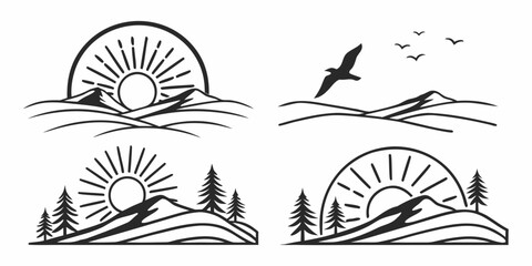 Minimalist Mountain Landscape with Sun and Birds